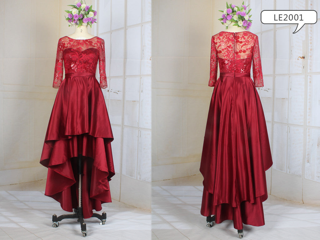 LE2001 - Robe mère de la mariée décolleté illusion, manches trois quarts, haute et basse