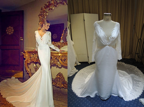 Réplique d'une robe de mariée à manches longues et col en V