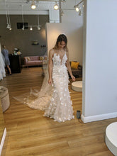 C2023-FD229 fitted sheath wedding gown with 3D flower motif and spaghetti straps